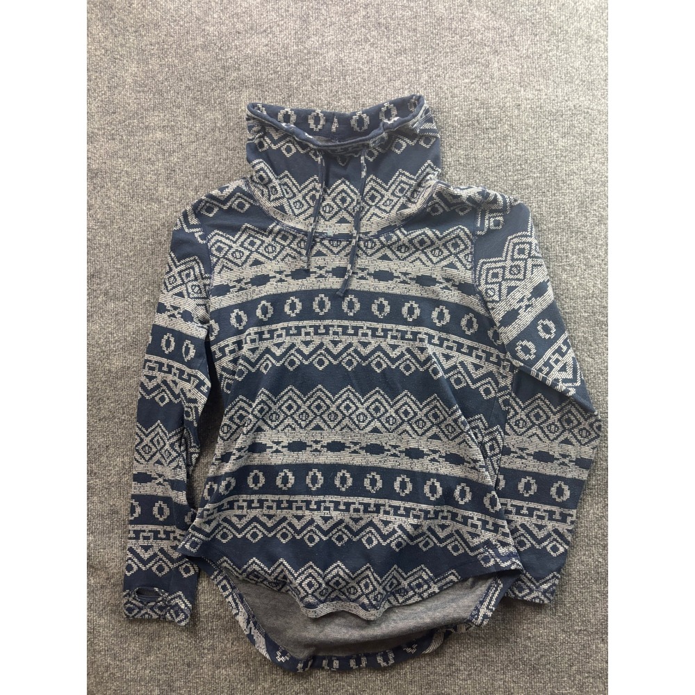 KAVU Pullover Top Womens Medium Blue Geometric Cowl Neck Thumbhole 68131